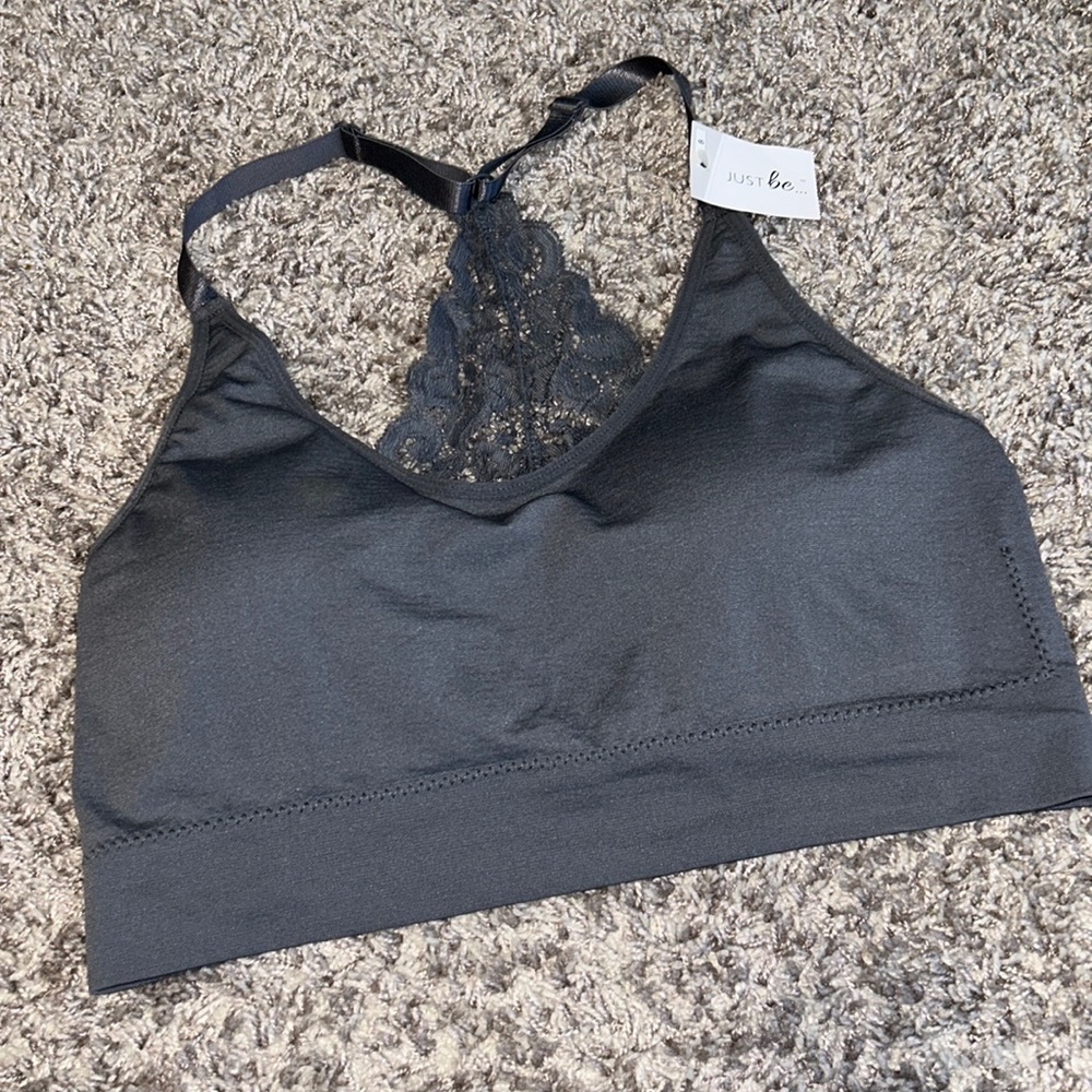 Just Be... Womens 1X Bralette Charcoal Grey Seamless Lace Racerback Wireless NEW